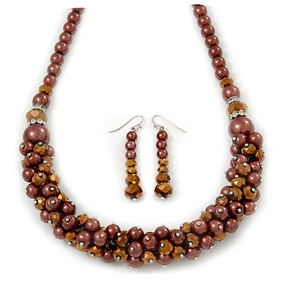Chocolate Brown Faux Pearl/ Glass Crystal Cluster Necklace & Drop Earrings Set In Silver Plating - 38cm Length/ 6cm Extender - main view