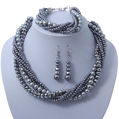 Grey, Metallic Grey Simulated Glass Pearl Bead Multi Strand Neckace, Bracelet & Drop Earrings Set In Silver Tone - 34cm Length/ 4cm Extender - main view