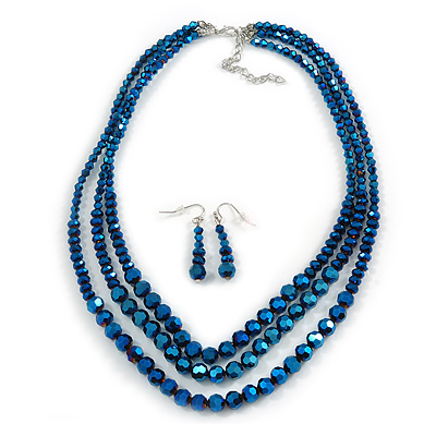 Chameleon Blue Multistrand Faceted Glass Crystal Necklace & Drop Earrings Set In Silver Plating - 44cm Length/ 6cm Extender - main view