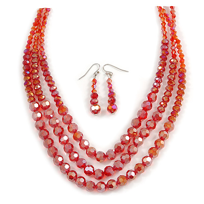 Brick Red Multistrand Faceted Glass Crystal Necklace & Drop Earrings Set In Silver Plating - 44cm Length/ 6cm Extender - main view