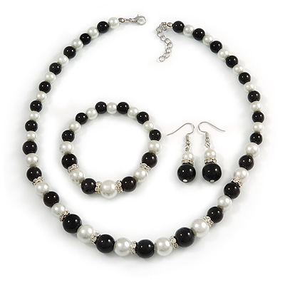 Black/ Cream Glass Pearl Bead Necklace, Flex Bracelet & Drop Earrings Set With Diamante Rings - 38cm Length/ 6cm Extension - main view