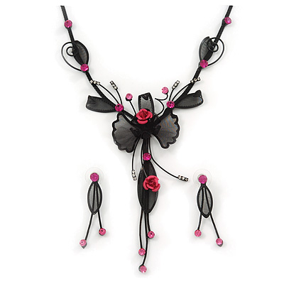 Exquisite Y-Shape Magenta Rose Necklace & Drop Earring Set In Black Metal - main view