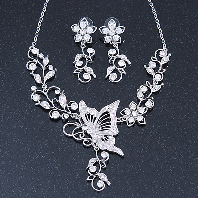 Clear Austrian Crystal 'Butterfly' Necklace & Drop Earring Set In Rhodium Plating - 40cm Length/ 6cm Extension
