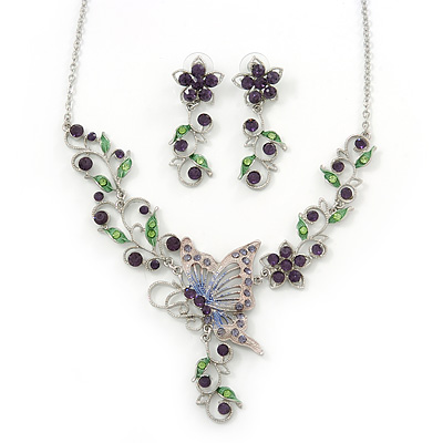 Purple/ Green Austrian Crystal 'Butterfly' Necklace & Drop Earring Set In Rhodium Plating - 40cm Length/ 6cm Extension