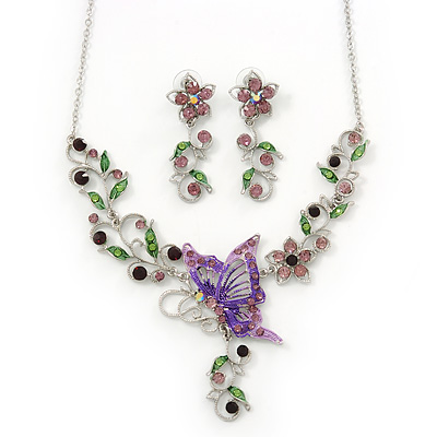 Purple/ Lilac/ Green Austrian Crystal 'Butterfly' Necklace & Drop Earring Set In Rhodium Plating - 40cm Length/ 6cm Extension - main view