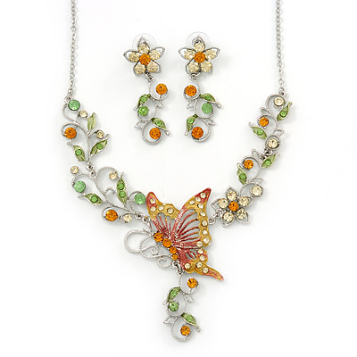 Green, Citrine & Topaz Coloured Austrian Crystal 'Butterfly' Necklace & Drop Earring Set In Rhodium Plating - 40cm Length/ 6cm Extension - main view