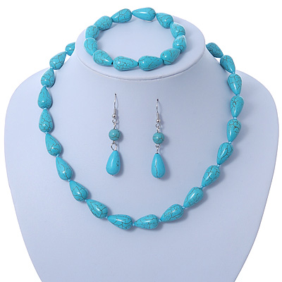 Turquoise Bead Necklce, Drop Earrings & Flex Bracelet - 40cm Length