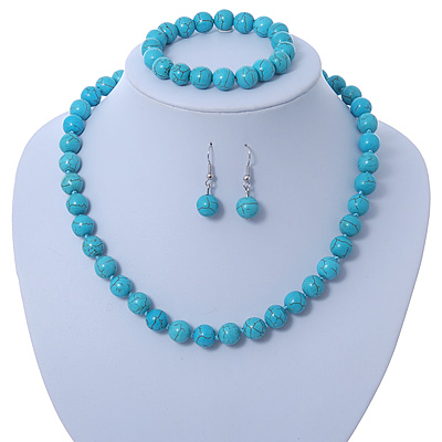 Turquoise Round Acrylic Bead Necklce, Drop Earrings & Flex Bracelet - 40cm Length - main view