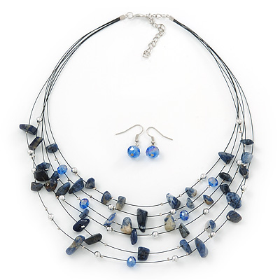 Blue/White Semiprecious Stone & Silver Metal Bead Multistrand Necklace & Drop Earrings Set - 50cm Length/ 5cm Extension - main view