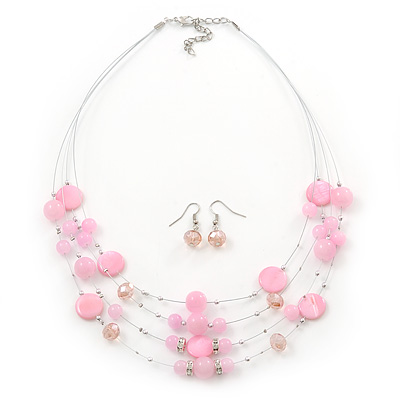 Baby Pink Shell & Crystal Floating Bead Necklace & Drop Earring Set - 52cm Length/ 5cm extension - main view