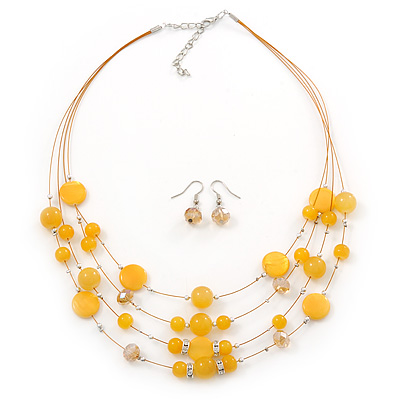 Sandy Yellow Shell & Crystal Floating Bead Necklace & Drop Earring Set - 52cm L/ 5cm Ext - main view