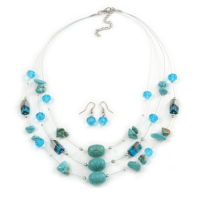 Turquoise & Crystal Floating Bead Necklace & Drop Earring Set - 52cm Length (5cm extension) - main view