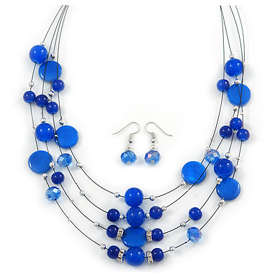 Blue Shell & Crystal Floating Bead Necklace & Drop Earring Set - 52cm L/ 5cm Ext