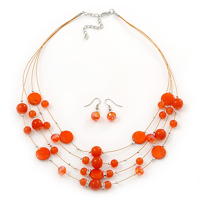 Rusty Orange Shell & Crystal Floating Bead Necklace & Drop Earring Set - 52cm L/ 5cm Ext - main view