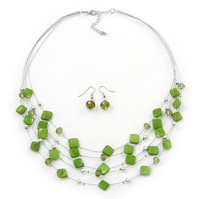 Lime Green Square Shell & Crystal Floating Bead Necklace & Drop Earring Set - 52cm Length/ 6cm extension - main view