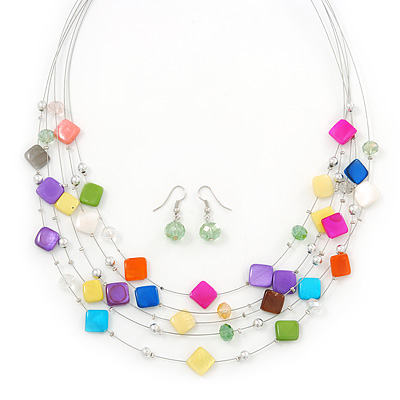 Multicoloured Square Shell & Crystal Floating Bead Necklace & Drop Earring Set - 52cm Length/ 6cm extension