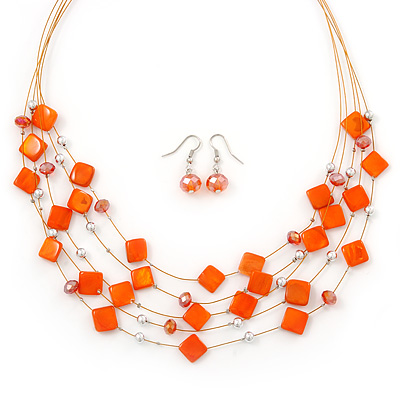 Rusty Orange Square Shell & Crystal Floating Bead Necklace & Drop Earring Set - 52cm L/ 6cm Ext - main view