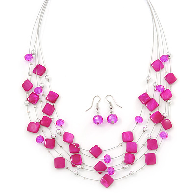 Fuchsia Square Shell & Crystal Floating Bead Necklace & Drop Earring Set - 52cm Length/ 6cm extension - main view