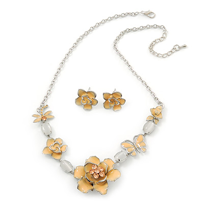 Yellow Cream Enamel Flower & Butterfly Necklace & Stud Earring Set In Rhodium Plating - 36cm Length/ 5cm Extension - main view