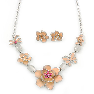 Cream Enamel Flower & Butterfly Necklace & Stud Earring Set In Rhodium Plating - 36cm Length/ 5cm Extension