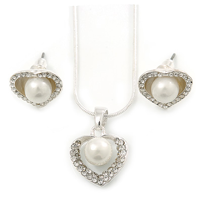 Delicate Crystal, Simulated Pearl 'Heart' Pendant With Silver Tone Snake Chain & Stud Earrings Set - 40cm Length/ 6cm Extension - main view