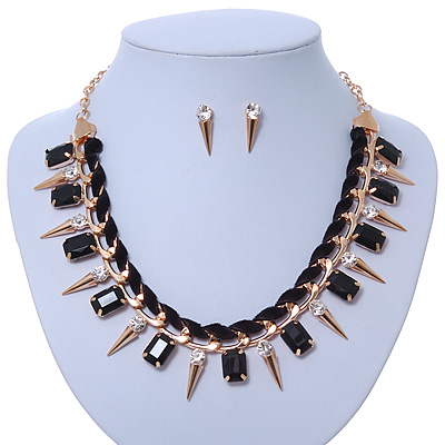 Crystal, Black Jewelled Stone, Velour Ribbon, Spike Necklace & Stud Earrings Set In Gold Tone - 44cm Length/ 6cm Exntension