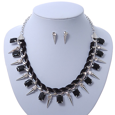 Crystal, Black Jewelled Stone, Velour Ribbon, Spike Necklace & Stud Earrings Set In Silver Tone - 44cm Length/ 6cm Exntension - main view