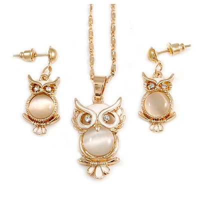 Milky White Moonstone 'Wise Owl' Pendant  With Gold Tone Chain & Drop Earrings Set - 44cm Length/ 5cm Extension - main view