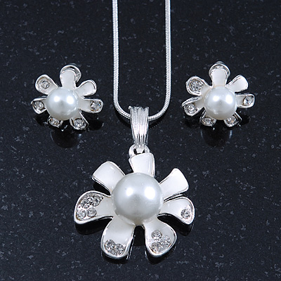 Enamel White Simulated Pearl, Crystal Flower Pendant With Silver Tone Snake Style Chain & Stud Earrings Set - 40cm Length/6cm Extender - main view