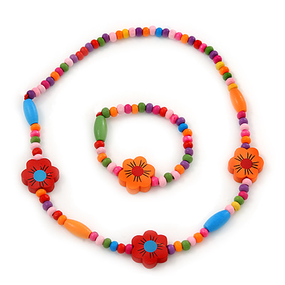 Children's Multicoloured Floral Wooden Flex Necklace & Flex Bracelet Set - main view