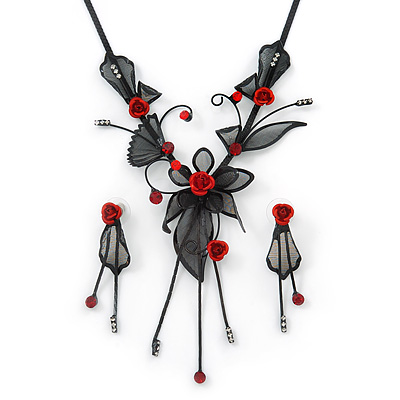 Exquisite Y-Shape Red Rose Necklace & Drop Earring Set In Black Metal - 38cm Length/ 7cm Extension - main view