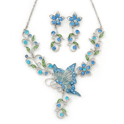 Azure/ Blue/ Green Austrian Crystal 'Butterfly' Necklace & Drop Earring Set In Rhodium Plating - 40cm Length/ 6cm Extension - main view
