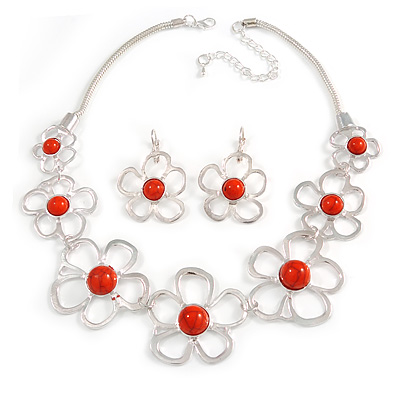 Light Silver Tone Coral Bead Floral Necklace & Drop Earrings Set - 38cm Length/ 7cm extender - main view
