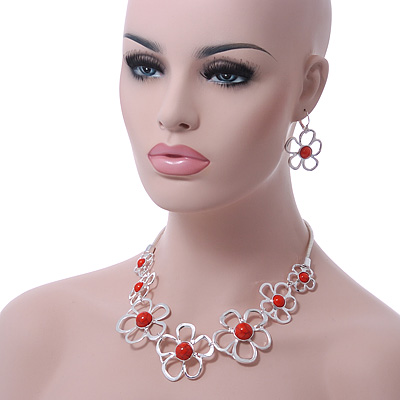 Light Silver Tone Coral Bead Floral Necklace & Drop Earrings Set 38cm Length/