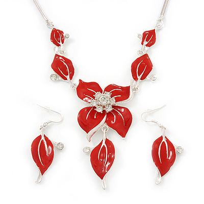 Red Enamel Diamante Floral Necklace & Drop Leaf Earrings Set In Rhodium Plated Metal - 40cm Length/ 7cm extender - main view