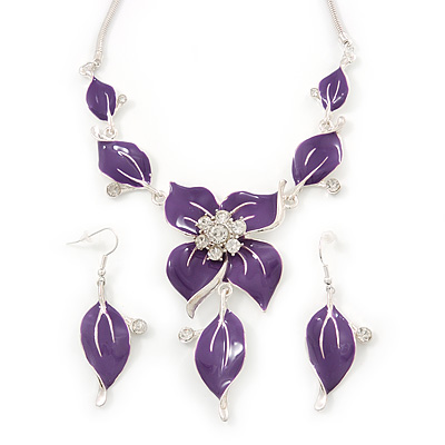 Purple Enamel Diamante Floral Necklace & Drop Leaf Earrings Set In Rhodium Plated Metal - 40cm Length/ 7cm extender - main view
