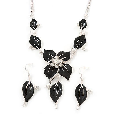 Black Enamel Diamante Floral Necklace & Drop Leaf Earrings Set In Rhodium Plated Metal - 40cm Length/ 7cm extender - main view