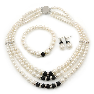 3-Strand Black Glass Bead, White Imitation Pearl Necklace, Flex Bracelet & Drop Earrings Set In Silver Plated Metal - 40cm L - main view