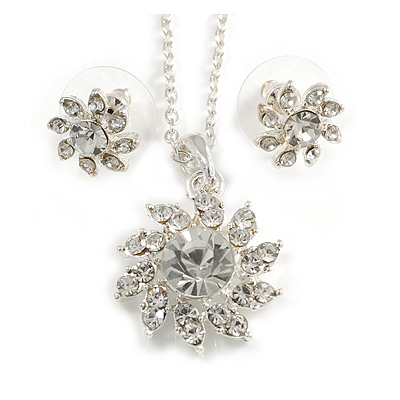Clear Austrian Crystal Flower Pendant With Silver Tone Chain and Stud Earrings Set - 40cm L/ 5cm Ext - Gift Boxed - main view