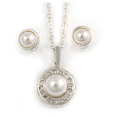 Classic Clear Austrian Crystal Simulated Button Pearl Pendant With Silver Tone Chain and Stud Earrings Set - 46cm L/ 5cm Ext - Gift Boxed