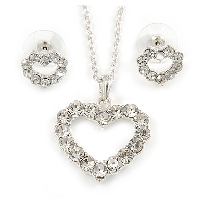 Clear Austrian Crystal Open Cut Heart Pendant With Silver Tone Chain and Stud Earrings Set - 40cm L/ 5cm Ext - Gift Boxed