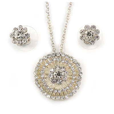 Clear Austrian Crystal Round Pendant With Silver Tone Chain and Floral Stud Earrings Set - 44cm L/ 5cm Ext - Gift Boxed - main view