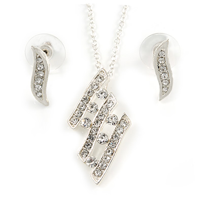 Clear Austrian Crystal Leaf Pendant With Silver Chain and Stud Earrings Set - 40cm L/ 5cm Ext - Gift Boxed - main view