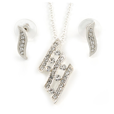 Clear Austrian Crystal Leaf Pendant With Silver Chain and Stud Earrings Set - 40cm L/ 5cm Ext - Gift Boxed