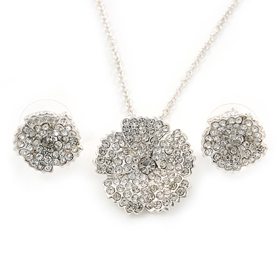Clear Austrian Crystal Flower Pendant With Silver Tone Chain and Stud Earrings Set - 46cm L/ 5cm Ext - Gift Boxed - main view