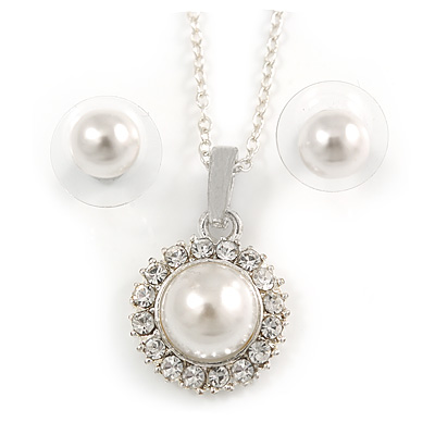 Classic Clear Austrian Crystal Simulated Pearl Pendant With Silver Tone Chain and Stud Earrings Set - 44cm L/ 5cm Ext - Gift Boxed - main view