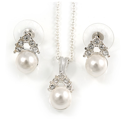 Clear Austrian Crystal Simulated Pearl Pendant With Silver Tone Chain and Stud Earrings Set - 44cm L/ 5cm Ext - Gift Boxed - main view