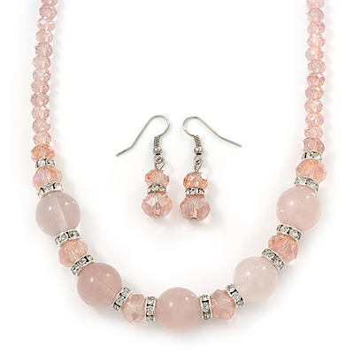 Rose Quartz, Pink Glass Bead, Clear Crystal Ring Necklace & Drop Earrings In Silver Tone - 40cm Length/ 5cm Extension