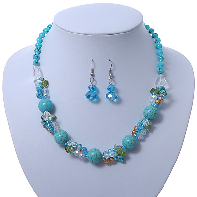 Turquoise, Crystal Bead Necklace & Drop Earrings In Silver Tone Metal - 40cm Length/ 4cm Length - main view