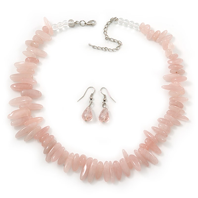 Chunky Rose Quartz Stone Necklace & Glass Bead Drop Earrings In Silver Tone - 40cm Length/ 5cm Extension
